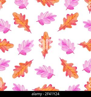 Acquerello autunno floreali modello senza cuciture con rosso e arancione di foglie di quercia. Disegnato a mano sullo sfondo della natura Foto Stock