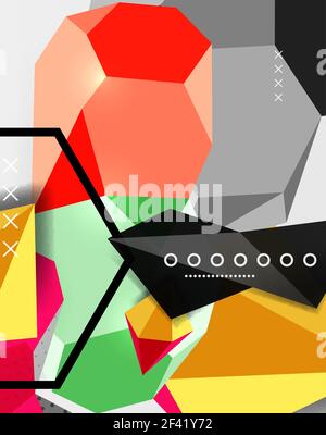 Poster della composizione geometrica 3D a colori. Poster della composizione geometrica 3D a colori. Illustrazione vettoriale di triangoli colorati, piramidi, esagoni e altre forme su sfondo grigio Illustrazione Vettoriale