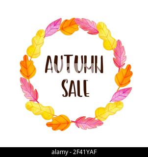 Acquerello autunno cornice floreale di Bright Foglie di quercia su uno sfondo bianco. Disegnata a mano illustrazione. Progettazione per la vendita stagionale Foto Stock