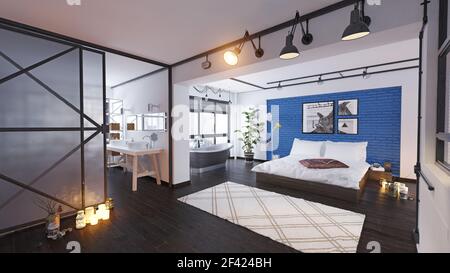 Loft moderni interni. Il rendering 3D design concept Foto Stock