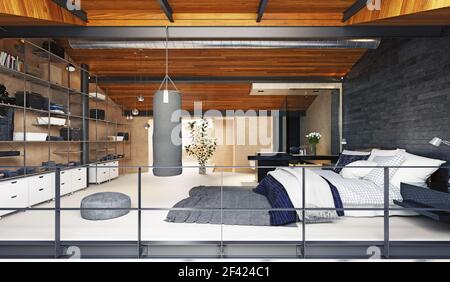 Moderna camera da letto loft interni. Il rendering 3D design Foto Stock