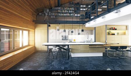 Moderna cucina loft interno, rendering 3D design Foto Stock
