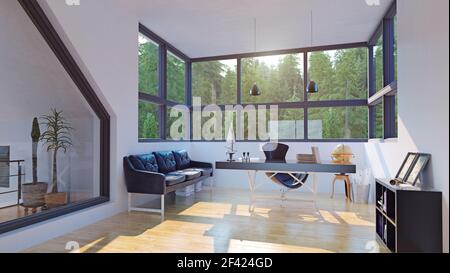 Casa moderna ufficio interno. Il design 3D rendering. La profondità di campo effetto visivo Foto Stock