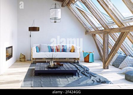 Attico moderno design interno. 3D rendering concept Foto Stock