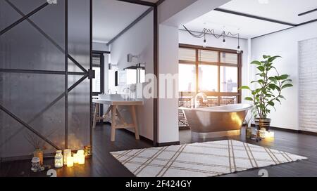Loft moderno bagno design. 3D rendering concept Foto Stock