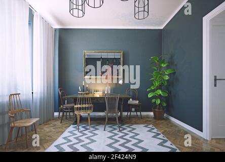 interni in stile moderno e scuro. concetto di sala di rendering 3d Foto Stock