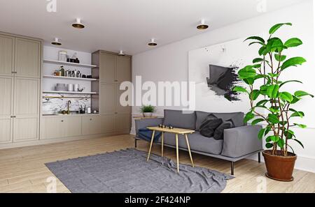 Casa moderna interni. Divano e zona cucina. 3D rendering concept Foto Stock