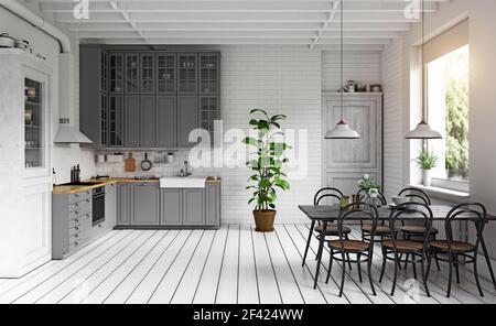 Cucina moderna con interni. 3d illustrazione concept Foto Stock