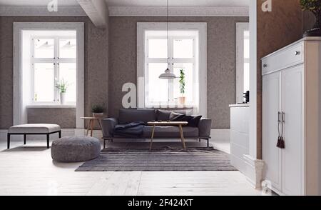 Moderno stile scandinavo living room interior design. 3d illustrazione concept Foto Stock