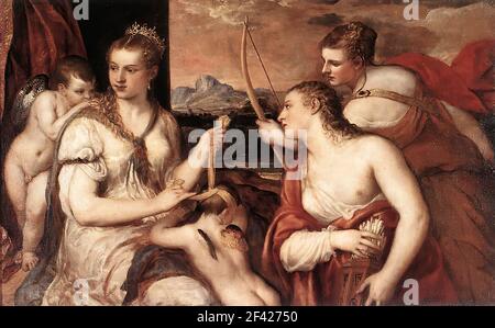 Tiziano Vecelli o Vecellio a.k.a Tiziano - Venere Cupido pieghevole 1565 Foto Stock