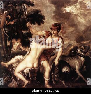 Tiziano Vecelli o Vecellio a.k.a Tiziano - Venere Adonis 1559 Foto Stock