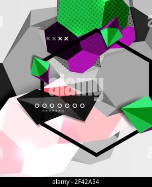 Poster della composizione geometrica 3D a colori. Poster della composizione geometrica 3D a colori. Illustrazione vettoriale di triangoli colorati, piramidi, esagoni e altre forme su sfondo grigio Illustrazione Vettoriale