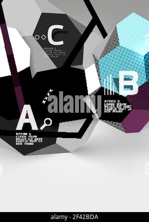 composizione geometrica esagonale 3d, sfondo astratto digitale geometrico. composizione geometrica esagonale 3d, sfondo astratto digitale geometrico. Modello di presentazione Techno o aziendale con opzioni di esempio. Illustrazione vettoriale Illustrazione Vettoriale