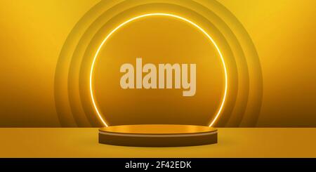 Abstract 3D arancione e giallo elegante podio. Moderna sala 3D con luci brillanti e palcoscenico a forma geometrica Foto Stock