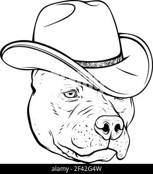 disegnare in bianco e nero di testa pitbull con fedora illustrazione vettoriale hat Illustrazione Vettoriale