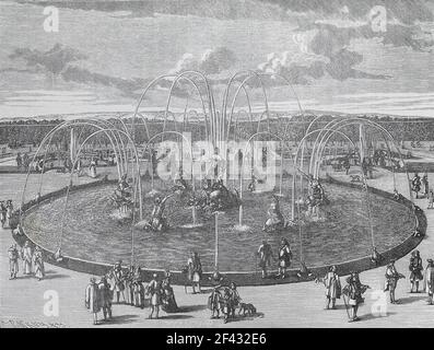 Parte del Parco di Versailles durante il periodo di Luigi XIV Fontane e la piscina di Latona. Incisione medievale. Foto Stock