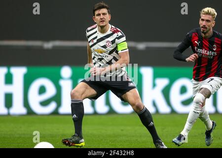 Milano, Italia. 18 Marzo 2021. MILANO, ITALIA - 18 MARZO: Harry Maguire del Manchester United FC durante la partita UEFA Europa League tra AC Milan e Manchester United FC allo Stadio San Siro il 18 marzo 2021 a Milano, Italia (Foto di Ciro Santangelo/Orange Pictures) Credit: Orange Pics BV/Alamy Live News Foto Stock