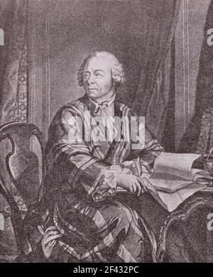 Ritratto di Leonhard Euler. Incisione del 18 ° secolo. Leonhard Euler (1707 – 1783) è stato un matematico, fisico, astronomo, geografo, logista e ingegnere svizzero, che ha fatto importanti e influenti scoperte in molti settori della matematica, come il calcolo infinitesimale e la teoria dei grafici, apportando allo stesso tempo contributi pionieristici a diversi rami come la topologia e la teoria dei numeri analitici. Introdusse anche gran parte della moderna terminologia matematica e notazione, in particolare per l'analisi matematica, come la nozione di una funzione matematica. Foto Stock