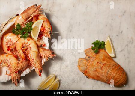 Una festa di pesce di grandi gamberi del re in una conchiglia di vongola gigante e crostacei di bug di Moreton Bay con limone su uno sfondo di marmo bianco con spazio di copia. Foto Stock