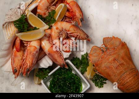 Una festa di pesce che include grandi gamberi del re in una conchiglia di vongola gigante, Moreton Bay Bug e insalata di alghe su uno sfondo di marmo bianco e grigio. Foto Stock