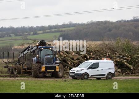 Wendover, Regno Unito. 18 marzo 2021. Lavori di abbattimento degli alberi e di distanza tra le siepi HS2 per il collegamento ferroviario ad alta velocità HS2. Notevoli lavori preparatori di questo tipo sono attualmente in corso lungo un tratto del percorso tra il Grande Missenden e Wendover che si trova a nord del tratto di tunnel di Chiltern del collegamento ferroviario £106bn. Credit: Mark Kerrison/Alamy Live News Foto Stock