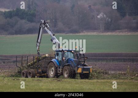 Wendover, Regno Unito. 18 marzo 2021. Lavori di abbattimento degli alberi e di distanza tra le siepi HS2 per il collegamento ferroviario ad alta velocità HS2. Notevoli lavori preparatori di questo tipo sono attualmente in corso lungo un tratto del percorso tra il Grande Missenden e Wendover che si trova a nord del tratto di tunnel di Chiltern del collegamento ferroviario £106bn. Credit: Mark Kerrison/Alamy Live News Foto Stock