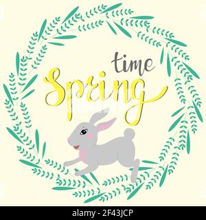 Cornice circolare fatta di foglie. Primavera. L'arrivo della primavera, gioia. Coniglio e iscrizione in un frame.Vector rotondo. Illustrazione Vettoriale