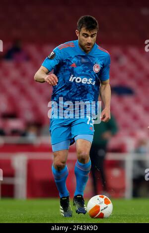 Emirates Stadium, Londra, Regno Unito. 18 Marzo 2021. UEFA Europa League Football, Arsenal contro Olympiacos; Sokratis Papastathopoulos of Olympiakos Credit: Action Plus Sports/Alamy Live News Foto Stock