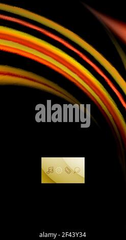 Colori dell'arcobaleno fluido su sfondo nero, linee d'onda vettoriali e vortici. Colori dell'arcobaleno fluidi su sfondo nero, linee e rotazioni vettoriali, illustrazioni artistiche per la presentazione, sfondo dell'applicazione, banner o poster Illustrazione Vettoriale