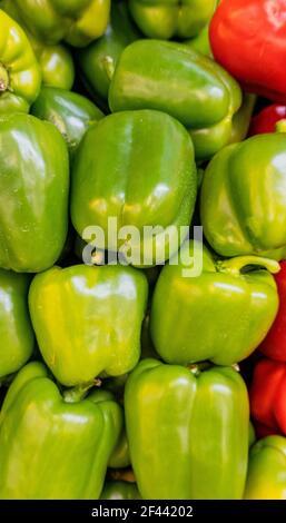 Peperoni Verdi in una pila pronto per la vendita. Foto Stock