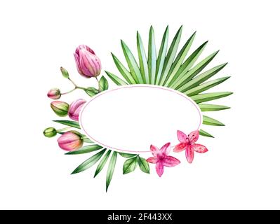 Banner floreale acquerello. Cornice ovale con posizione per il testo. Fiori di orchidee rosa e foglie di palma. Sfondo tropicale dipinto a mano per logo e carte Foto Stock