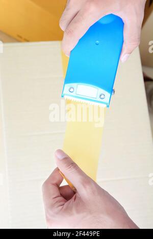 Mani che trattengono il dispenser di nastro adesivo, con nastro adesivo per una scatola Foto Stock