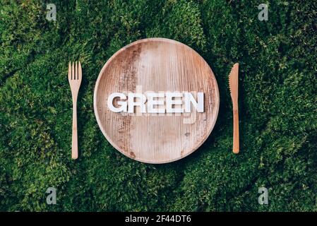 Stoviglie monouso in legno di materiali naturali con parola VERDE, cucchiaio di legno, forchetta su fondo di muschio verde. Stile di vita sostenibile ed ecologico Foto Stock