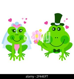 Illustrazione delle rane e dei toads carini dello sposo e dello sposo che si sposano. Foto Stock