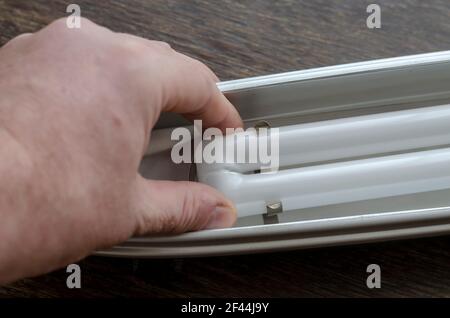 La mano di un uomo fissa una nuova lampadina fluorescente compatta nel fermo della lampada da tavolo. Una lampada da tavolo grigia poggia su un tavolo di legno marrone. Sostituzione del guasto Foto Stock