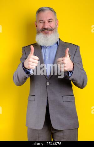 Studio ritratto uomo d'affari maturo bearded vestito in abito grigio mostra pollici in su, concetto di business di successo, sfondo giallo Foto Stock