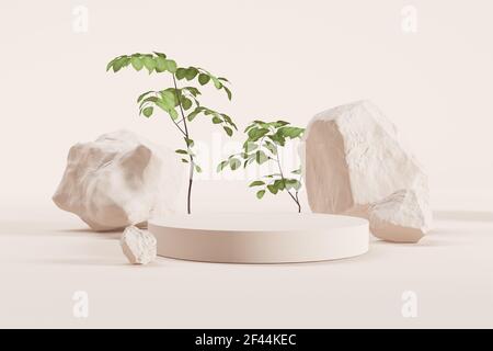 Fase di rendering 3d minima con piante e pietre Foto Stock
