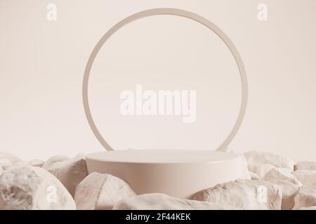 Podio minimo circondato da pietre 3d rendering Foto Stock