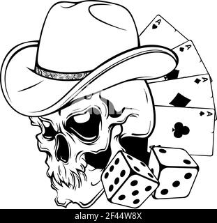 pesca in bianco e nero del cranio di cowboy con il poker ace e dadi Illustrazione Vettoriale