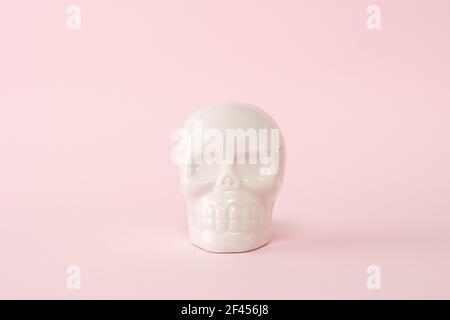 Cranio bianco su sfondo rosa. Concetto di spooky minimo di Halloween. Foto Stock