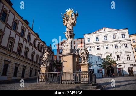 Brno, Repubblica Ceca - Settembre 12 2020: Colonna della Santissima Trinità chiamata sloup nejsetejsi Trojice sul mercato dei cavoli Zelny Trh, un memoriale barocco per Foto Stock