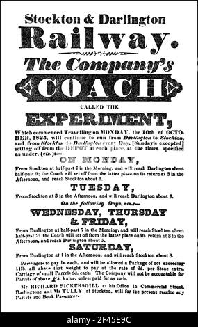 Cartellone pubblicitario, il primo treno sulla ferrovia di Stockton e Darlington il 27 settembre 1825 Foto Stock