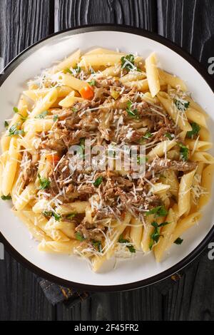 Salsa genovese o la Genovese Napoletana a base di cipolle cotte lentamente, manzo e vino bianco serviti con la pasta da vicino nel piatto. Vie. Verticale superiore Foto Stock