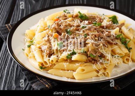 Penne con salsa napoletana la Genovese a base di cipolla, lentamente cotta, con primo piano su un piatto sul tavolo. Orizzontale Foto Stock