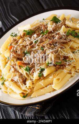 Salsa genovese o la Genovese Napoletana a base di cipolle cotte lentamente, manzo e vino bianco serviti con la pasta da vicino nel piatto sul tavolo. Ver Foto Stock