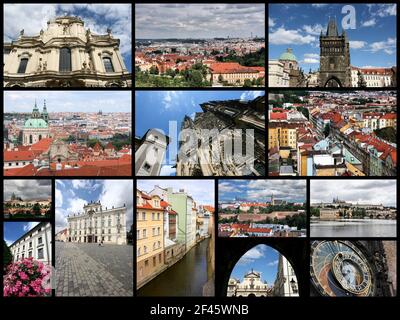 Prauge, Repubblica Ceca collage fotografico di viaggio. La collezione include importanti monumenti come il Castello di Hradcany, il Ponte Carlo e l'Orologio Astronomico. Foto Stock