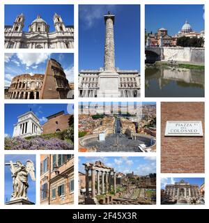 Roma, Italia - collage di foto di viaggio con il Foro Romano, il Vaticano, il Colosseo e la Fontana di Trevi. Foto Stock