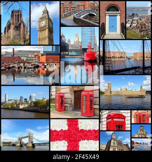 Inghilterra, Regno Unito colloca collage fotografico. Collage include le principali città come Londra, Birmingham, Manchester, Liverpool e Bolton. Foto Stock