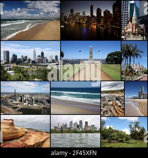 Collage fotografico australiano - raccolta di immagini con Sydney, Melbourne, Perth, Brisbane e Gold Coast. Foto Stock