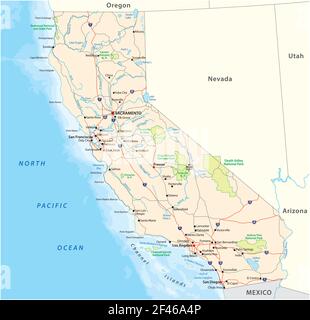 Strade e parco nazionale mappa vettoriale dello stato degli Stati Uniti Della California Illustrazione Vettoriale